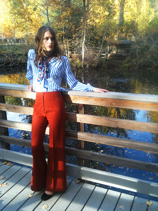 Vintage 70s polyester pants, striped pajama blouse, blouse bow tie, velvet heels, thrift store fashion Idaho